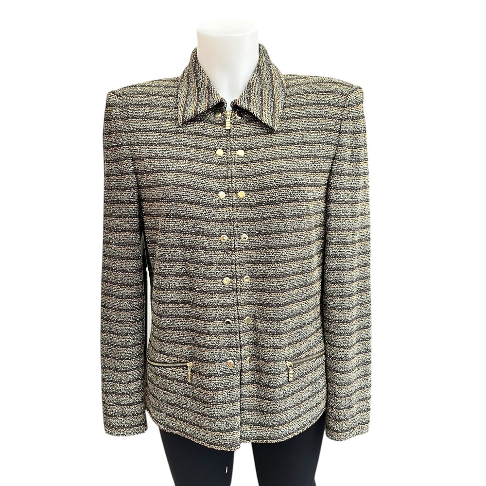 St. John Collection Brown Striped Zip‎ Up  Jacket Vintage Tweed Wool Knit Sz 8